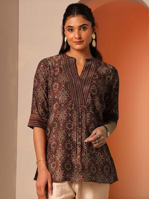LIBAS Women Printed Straight Kurta(Maroon, Beige)