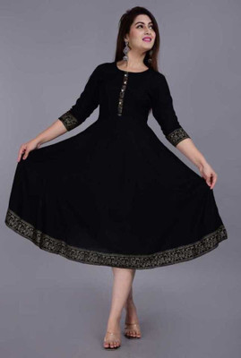 SMIEN Women Printed Flared Kurta(Black)