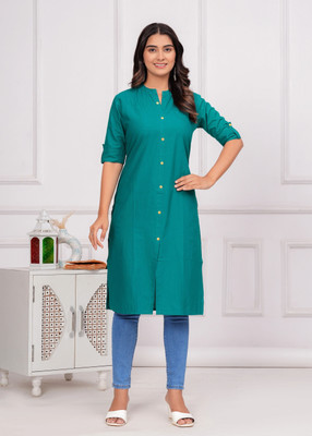 canvir Women Solid Frontslit Kurta(Dark Green)