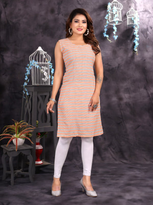 vikshi Women Striped Straight Kurta(Orange, Grey)