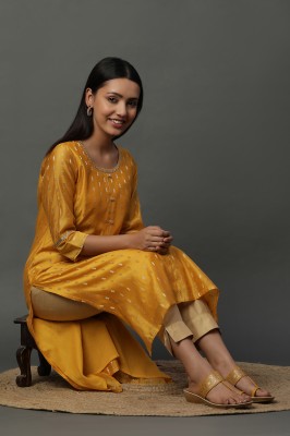 Aurelia Women Woven Design A-line Kurta(Yellow, Gold)