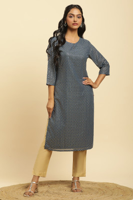 W Women Geometric Print Straight Kurta(Blue)
