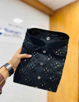 Simran Creation Men Embroidered Straight Kurta(Black)