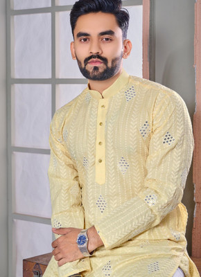 FOXDX Men Printed, Self Design Straight Kurta(Yellow)