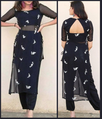 fivaniyo trends Women Embroidered A-line Kurta(Black)