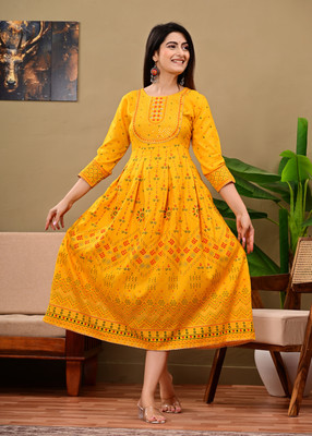 GAZLA FASHION Women Printed Anarkali Kurta(Yellow)