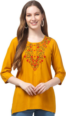 Alhuma Creation Women Embroidered Tunic Kurta(Yellow)