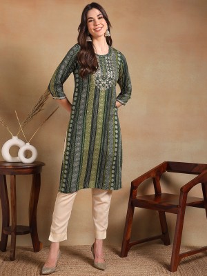 AHIKA Women Bandhani Straight Kurta(Dark Green, White)