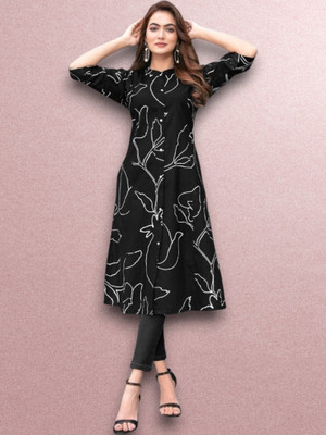 ABHI FAB Women Printed Straight Kurta(Black)