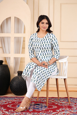 SAAR SUMRAN Women Printed Straight Kurta(White)