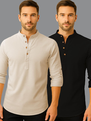 indirae Men Solid A-line Kurta(Beige)