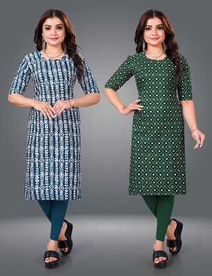 MOBHISA Women Printed Straight Kurta(Green)