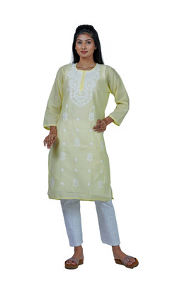 Tabarruk Women Chikan Embroidery Straight Kurta(Yellow, White)