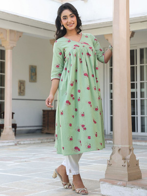 Janasya Women Floral Print Flared Kurta(Green)