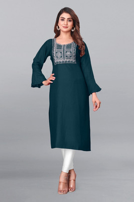 VRUGAM Women Embroidered A-line Kurta(Green)