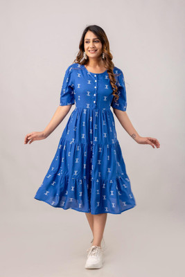 KASHINO Women Printed Flared Kurta(Blue)