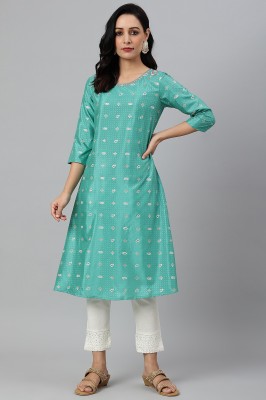 W Women Animal Print A-line Kurta(Green)