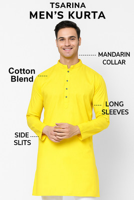 Tsarina Men Solid Straight Kurta(Yellow)
