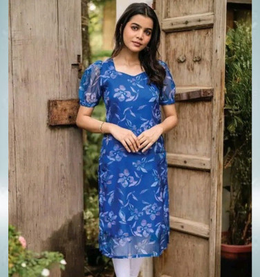 Vraj Enteprise Women Printed Straight Kurta(Blue)