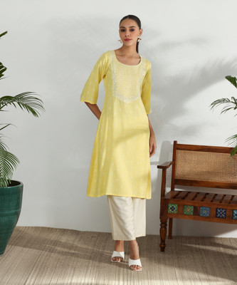LIBAS Women Embroidered Straight Kurta(Yellow)