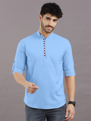 VTEXX Men Solid Straight Kurta(Light Blue)