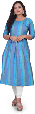 Lerkiza Women Striped Flared Kurta(Purple, Light Green, Light Blue)