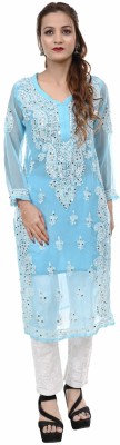 Beauty Chikan handicraft Women Chikan Embroidery A-line Kurta(Gold)