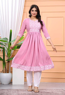 Diwikj Women Printed, Block Print A-line Kurta(Pink)