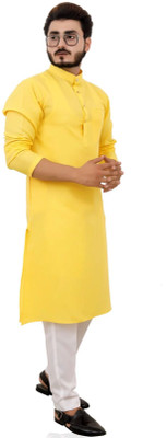 shreeji creation Men Solid Straight Kurta(Yellow)