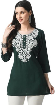 OsWorn Women Chikan Embroidery A-line Kurta(Green)