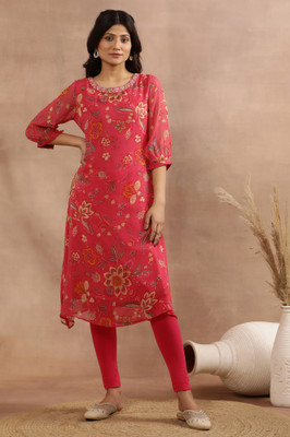 W Women Floral Print A-line Kurta(Pink)