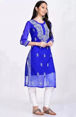 trychikankari Women Embroidered A-line Kurta(Blue)