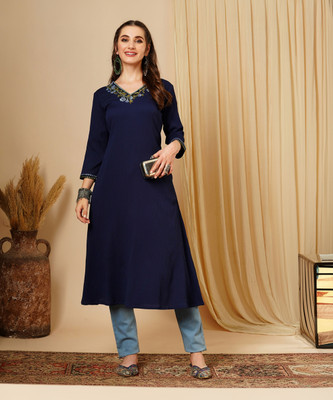 Globus Women Solid A-line Kurta(Blue)