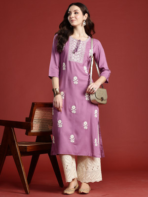 Indo Era Women Embroidered Straight Kurta(Purple)
