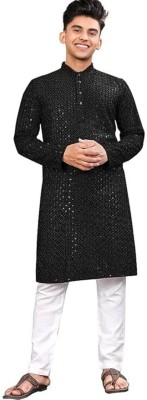 Metro Traders Men Embroidered Straight Kurta(Black)