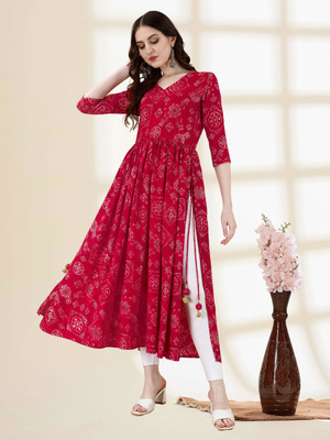 Majesta Women Printed Flared Kurta(Pink)
