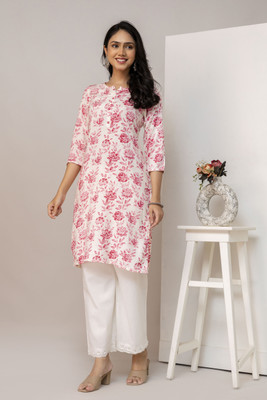 SILHARA Women Floral Print A-line Kurta(White, Pink)