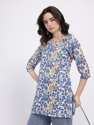 Anouk Rustic Women Printed Straight Kurta(White, Blue)