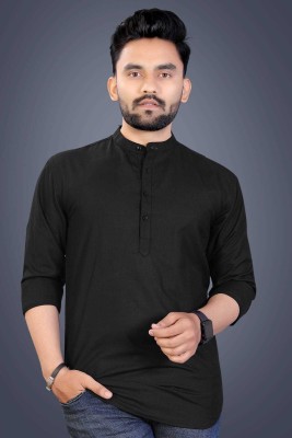 Us Fashion Men Solid Straight Kurta(Black)