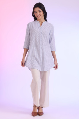 Aurelia Women Striped Straight Kurta(Blue)