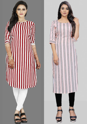 Modli 20 Fashion Women Striped, Floral Print Straight Kurta(Pink, Red)