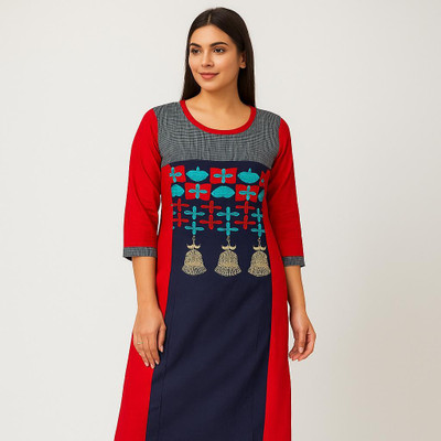 Girijesh Singh Women Checkered, Geometric Print, Embroidered Straight Kurta(Multicolor)