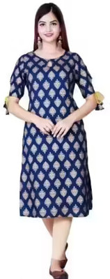WishWorld Women Printed, Woven Design Straight Kurta(Blue)