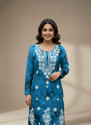 PehnaVastra Fabriks Women Dyed/Ombre, Embroidered, Chikan Embroidery Straight Kurta(Blue)