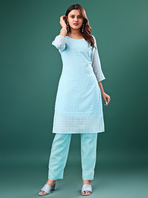 KAYRAAH Women Chikan Embroidery Straight Kurta(Light Blue)