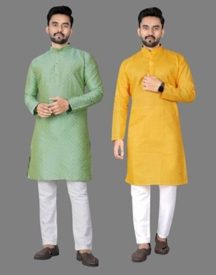 DHASU TRENDZ Men Self Design, Solid Straight Kurta(Yellow, Green)