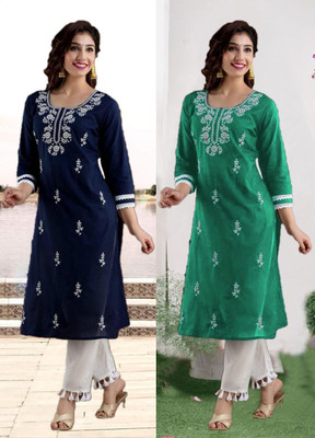 vikshi Women Chikan Embroidery A-line Kurta(Multicolor)