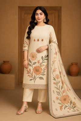 Ananya Attire Women Floral Print, Printed, Embroidered A-line Kurta(Beige)