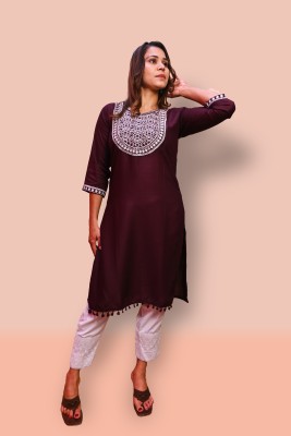 Aiva'nari Women Solid, Chikan Embroidery Straight Kurta(Purple)