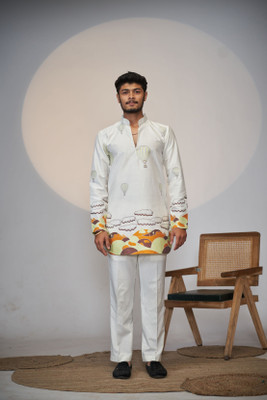 House Of Sanskruti Men Woven Design Straight Kurta(White)